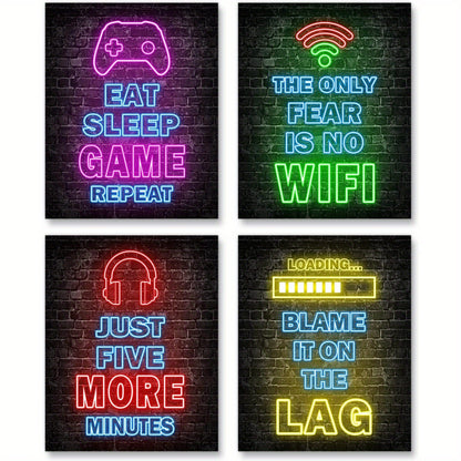 Set med 4 gamingposters i neonfärger