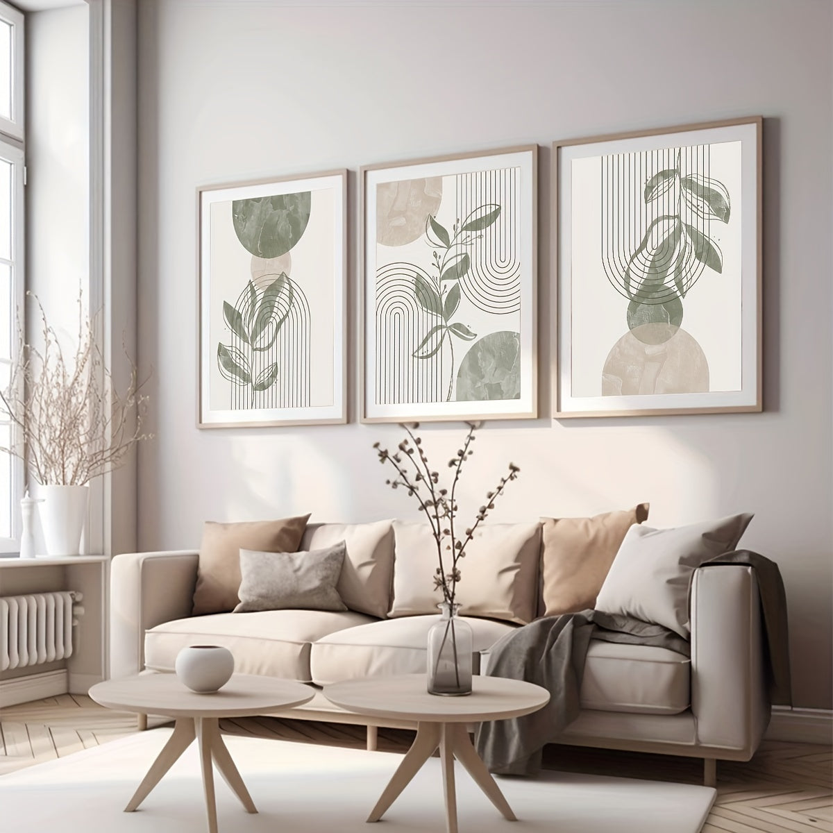 Set om 3 posters med botaniska former i neutrala toner