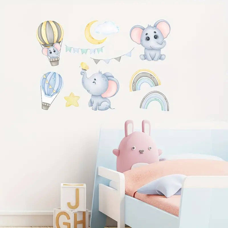Elefant & Regnbåge i ballong väggdekor - Färgglad design - Barnrumsdekor - Väggdekorshopen	